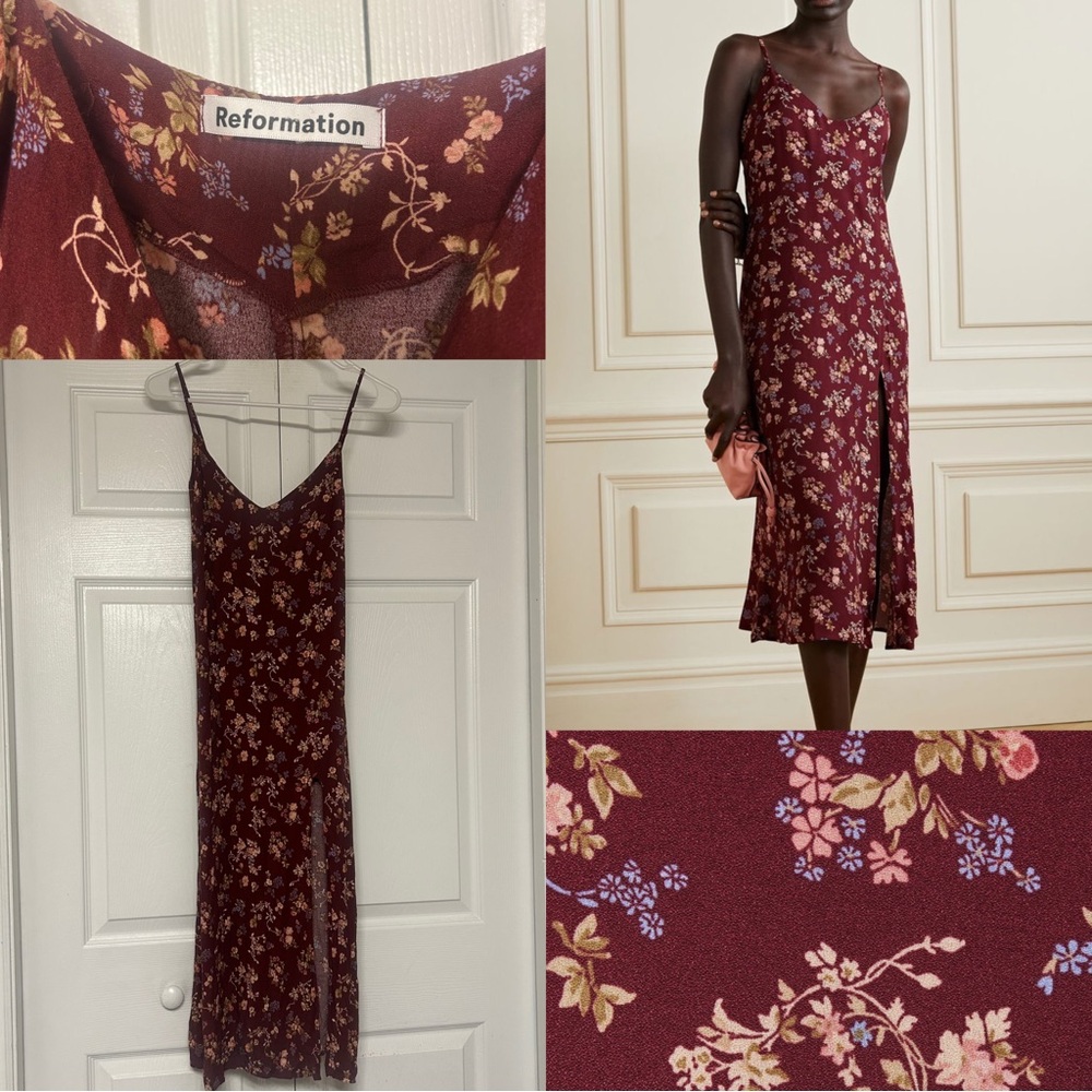 Reformation Burgundy Red Crimini Floral-Print Crepe Midi Slit Dress - Size 2